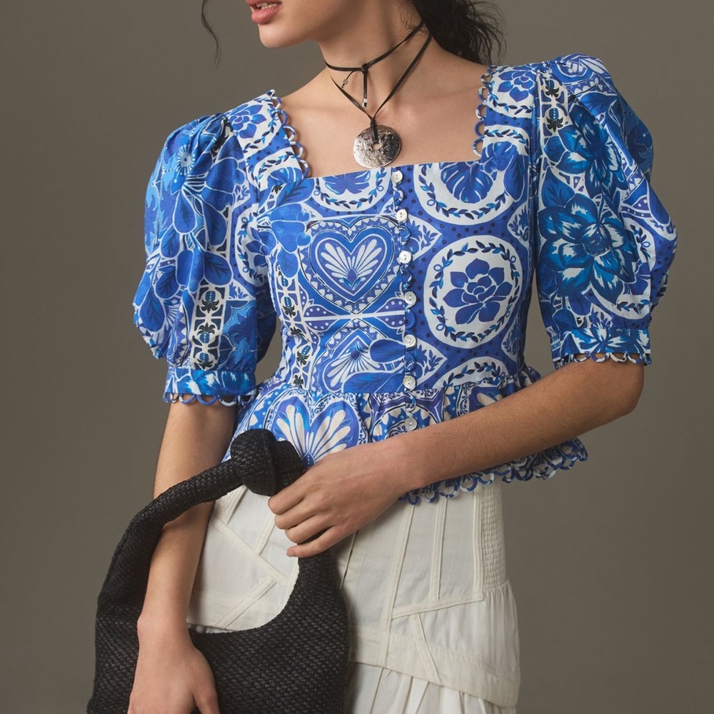 FARM Rio Blue and White Floral Puff Sleeve Blouse